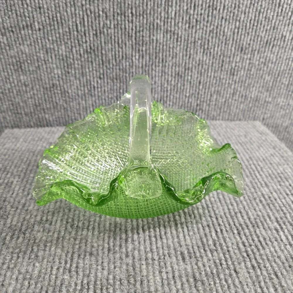 Fenton‎ Green Glass Basket Handled Pinched Edge Hobnail Basket Dish